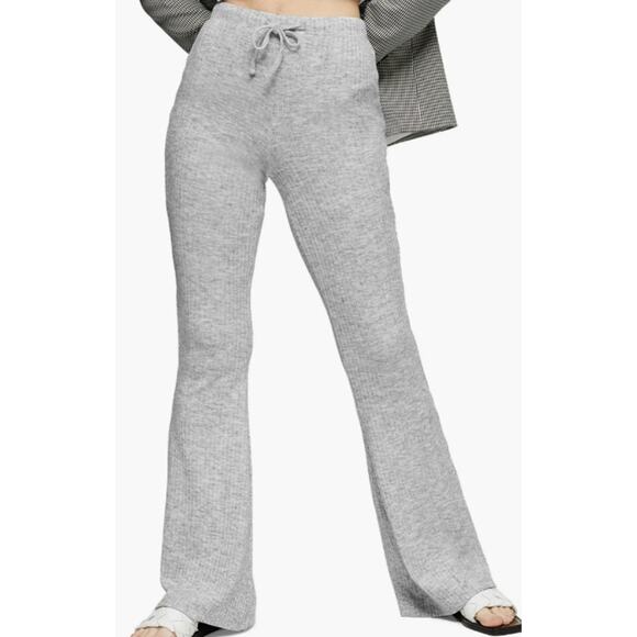 Topshop Pull On Drawstring Rib Knit Flare Leg Retro Pants Sz 14 Heather Gray NWT - Picture 1 of 8